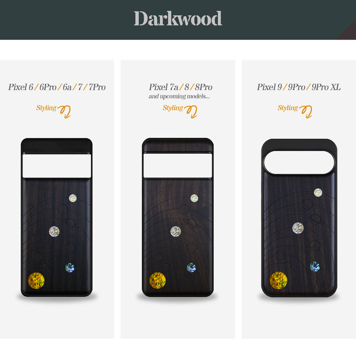 A Minimalist Line Work of Nine Planets, Hand-Inlaid Wood & Mother of Pearl Case - Artisanal Cover for Google Pixel