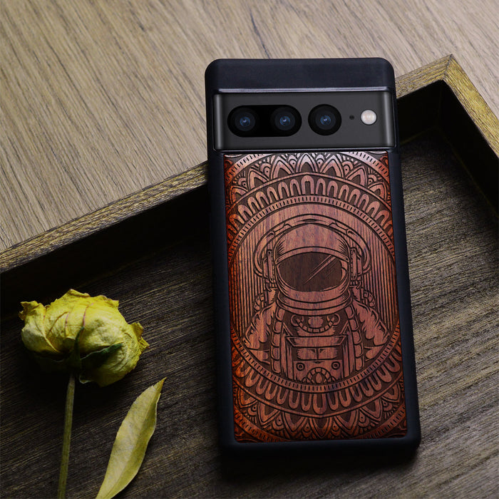 Astronaut in Mandalic Embrace, Classic Engraved Wood & TPU Case - Artisanal Cover for Google Pixel