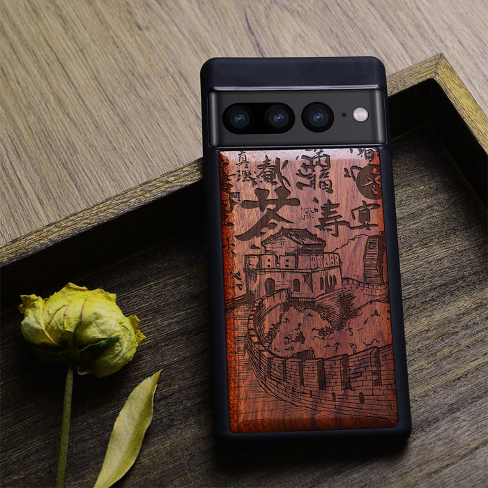 Hand Drawn Great Wall of China, Classic Engraved Wood & TPU Case - Artisanal Cover for Google Pixel