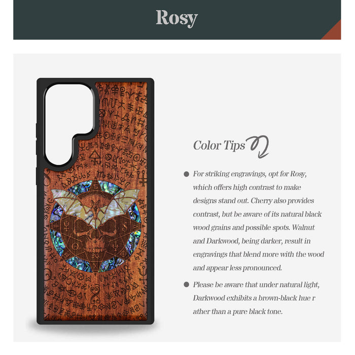 Bat and Skull within the Octagonal Star, Hand-Inlaid Wood & Mother of Pearl Case - Artisanal Cover for Samsung Galaxy