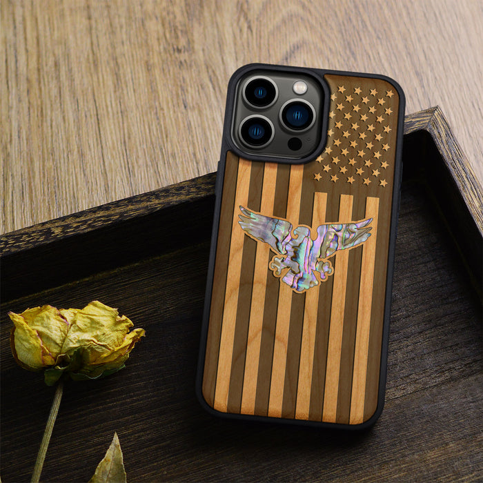 Bald Eagle and Flag, Hand-Inlaid Wood & Mother of Pearl Case - Artisanal Cover for Apple iPhone