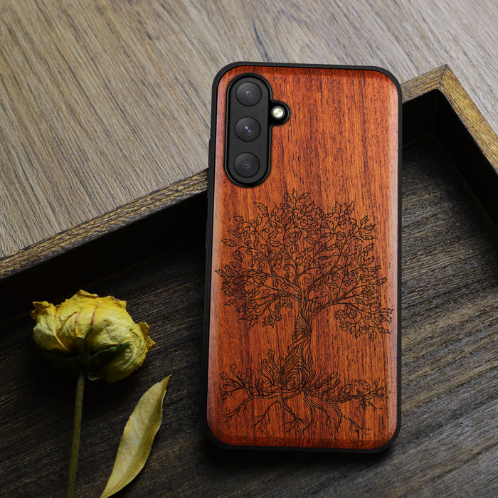 The Fairy Tree Line Art, Classic Engraved Wood & TPU Case - Artisanal Cover for Samsung Galaxy