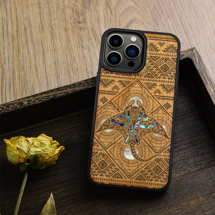 The Tribal Manta Ray, Hand-Inlaid Wood & Mother of Pearl Case - Artisanal Cover for Apple iPhone