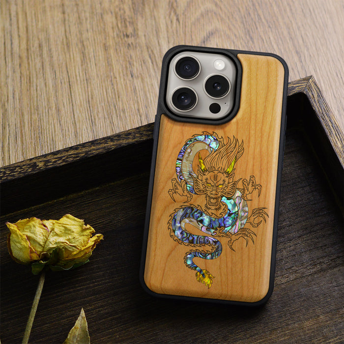 The Oriental Dragon, Hand-Inlaid Wood & Mother of Pearl Case - Artisanal Cover for Apple iPhone