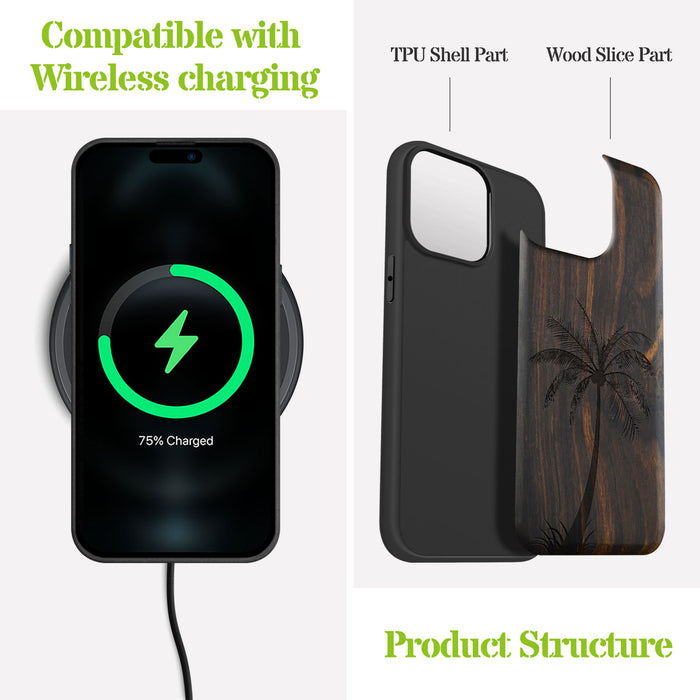 The Palm Tree Silhouette, Classic Engraved Wood & TPU Case - Artisanal Cover for Apple iPhone