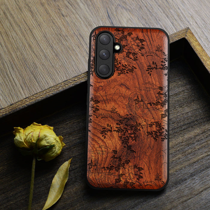 Oriental Elegance, Classic Engraved Wood & TPU Case - Artisanal Cover for Samsung Galaxy