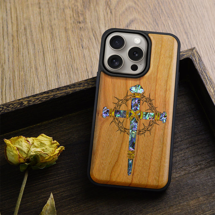 Crucifix Nails, Hand-Inlaid Wood & Mother of Pearl Case - Artisanal Cover for Apple iPhone