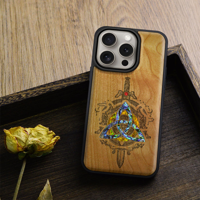 Norse Emblems, Hand-Inlaid Wood & Mother of Pearl Case - Artisanal Cover for Apple iPhone