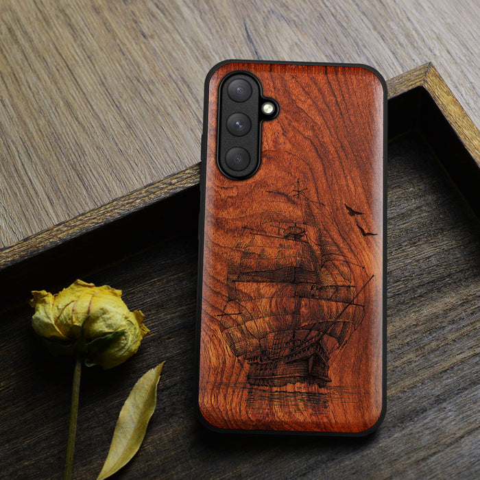 Sailboat on the Sea, Classic Engraved Wood & TPU Case - Artisanal Cover for Samsung Galaxy