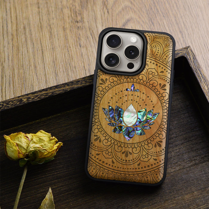 Lotus Mandala Essence, Hand-Inlaid Wood & Mother of Pearl Case - Artisanal Cover for Apple iPhone