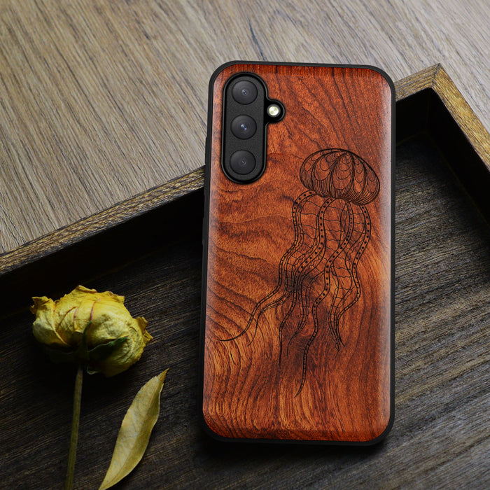 Zentangle Art Jellyfish, Classic Engraved Wood & TPU Case - Artisanal Cover for Samsung Galaxy