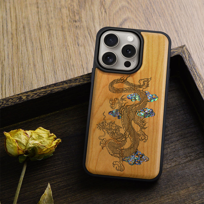 Majestic Chinese Dragon, Hand-Inlaid Wood & Mother of Pearl Case - Artisanal Cover for Apple iPhone