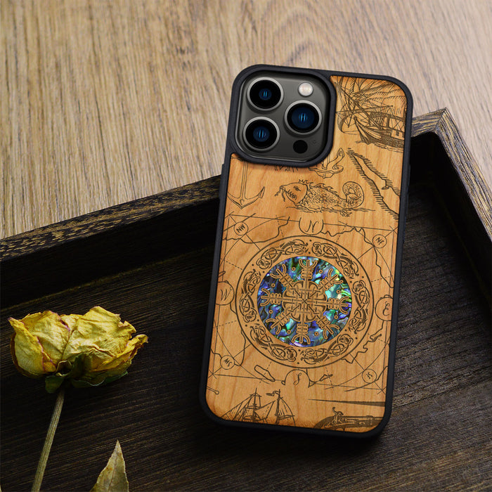 Viking Shield, Hand-Inlaid Wood & Mother of Pearl Case - Artisanal Cover for Apple iPhone