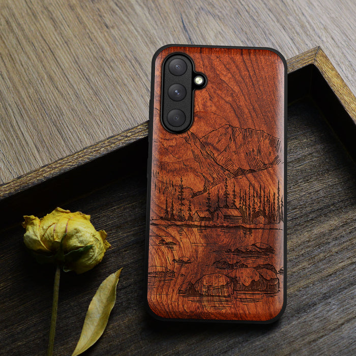 Mountains, Lake, and Village Life, Classic Engraved Wood & TPU Case - Artisanal Cover for Samsung Galaxy