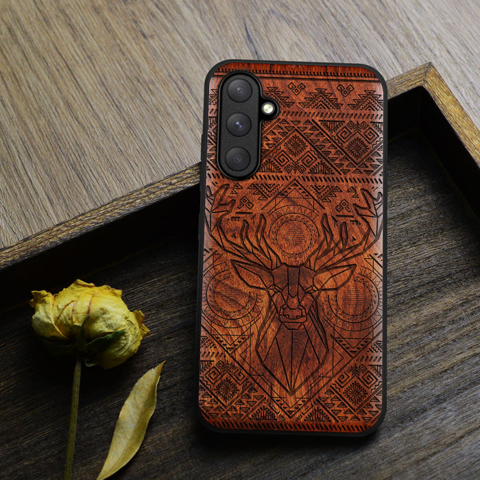 Geometric Deer Amidst Intricate Patterns, Classic Engraved Wood & TPU Case - Artisanal Cover for Samsung Galaxy