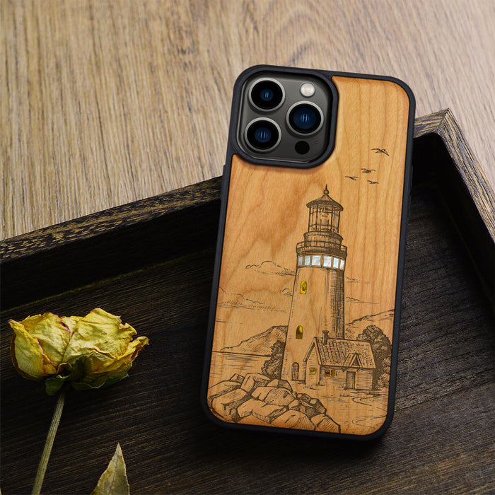 The Lighthouse, Hand-Inlaid Wood & Mother of Pearl Case - Artisanal Cover for Apple iPhone