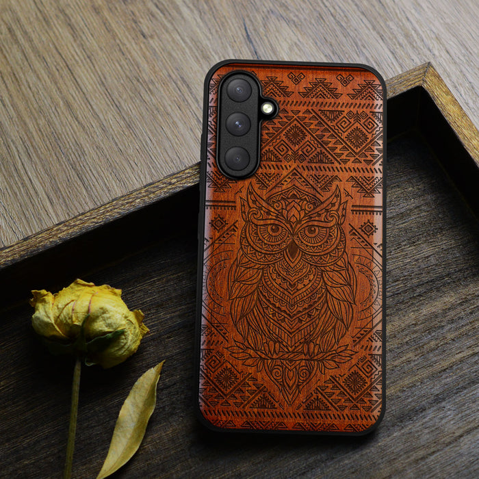 The Owl Mandala, Classic Engraved Wood & TPU Case - Artisanal Cover for Samsung Galaxy