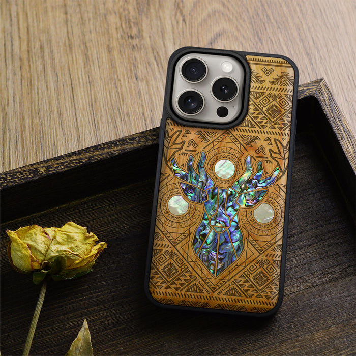 Aztec Geometric Deer, Hand-Inlaid Wood & Mother of Pearl Case - Artisanal Cover for Apple iPhone