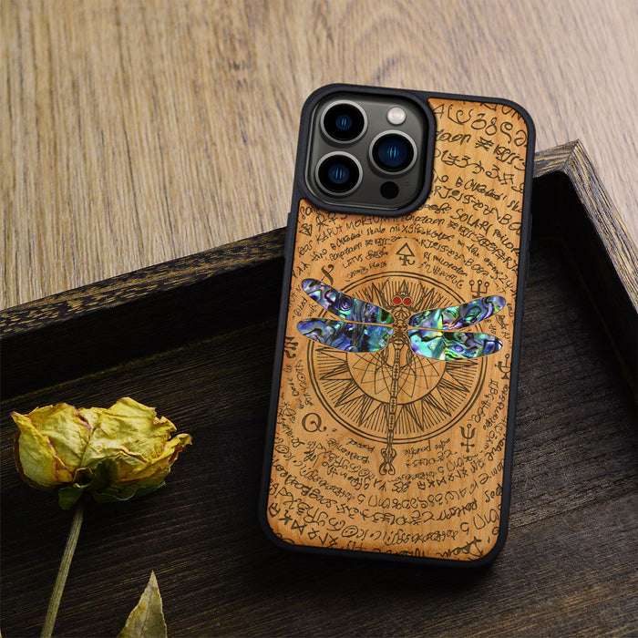 The Graceful Dragonfly, Hand-Inlaid Wood & Mother of Pearl Case - Artisanal Cover for Apple iPhone