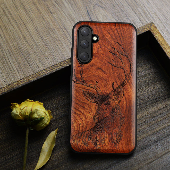 The Half-Length Deer Linework Art, Classic Engraved Wood & TPU Case - Artisanal Cover for Samsung Galaxy