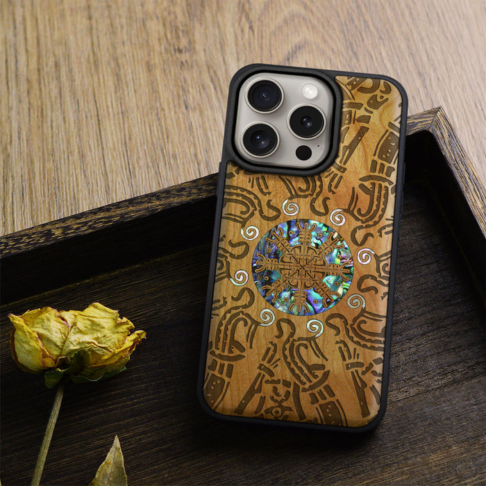 Shield of the Ancients, Hand-Inlaid Wood & Mother of Pearl Case - Artisanal Cover for Apple iPhone