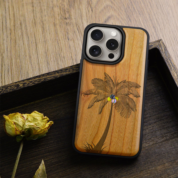 The Palm Tree, Hand-Inlaid Wood & Mother of Pearl Case - Artisanal Cover for Apple iPhone