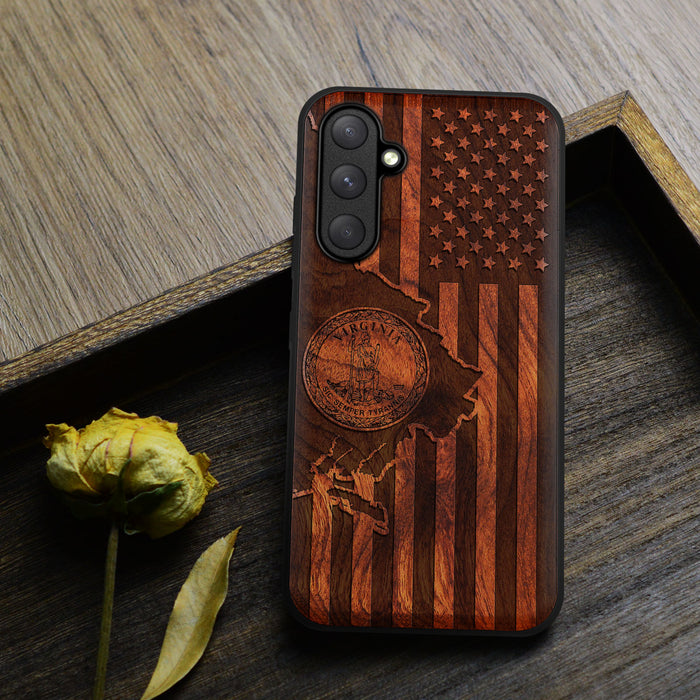 Virginia and Star Flag, Classic Engraved Wood & TPU Case - Artisanal Cover for Samsung Galaxy