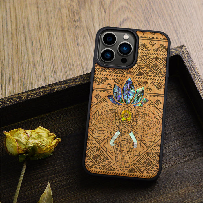 The African Elephant, Hand-Inlaid Wood & Mother of Pearl Case - Artisanal Cover for Apple iPhone