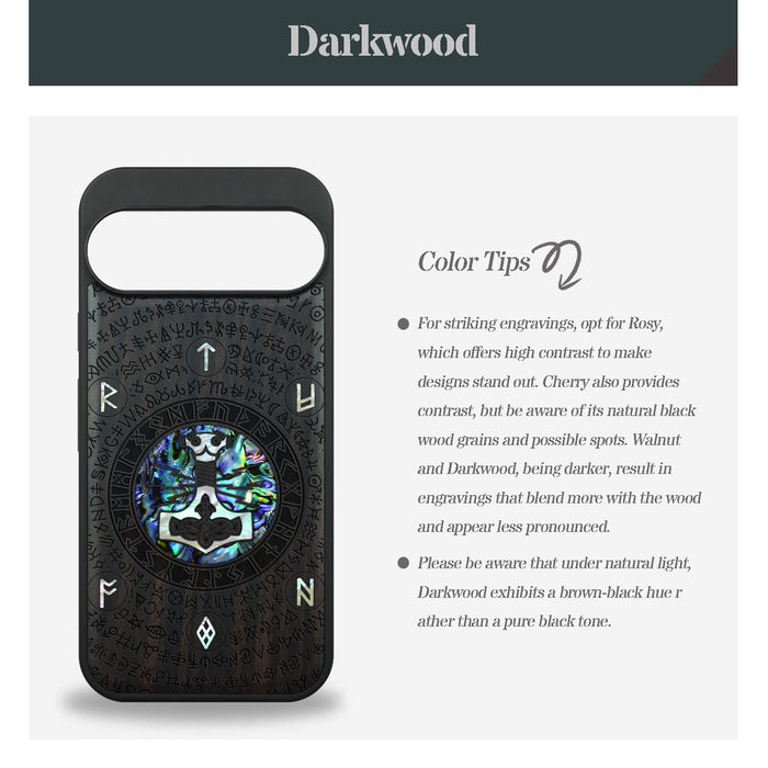 Mjölnir and the Runes, Hand-Inlaid Wood & Mother of Pearl Case - Artisanal Cover for Google Pixel