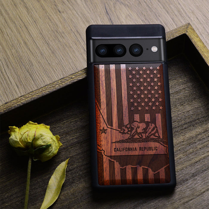 California's Emblematic Tribute, Classic Engraved Wood & TPU Case - Artisanal Cover for Google Pixel