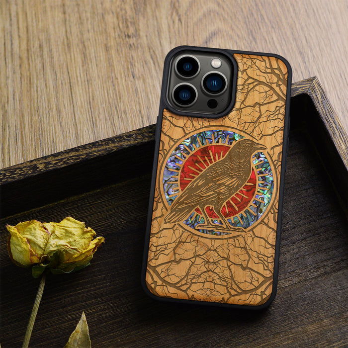 The Haloed Crow, Hand-Inlaid Wood & Mother of Pearl Case - Artisanal Cover for Apple iPhone