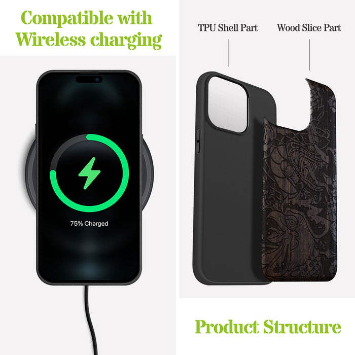 Fierce Mythical Clas, Classic Engraved Wood & TPU Case - Artisanal Cover for Apple iPhone