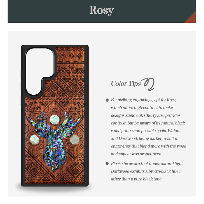 Ancient Geometry Stag, Hand-Inlaid Wood & Mother of Pearl Case - Artisanal Cover for Samsung Galaxy