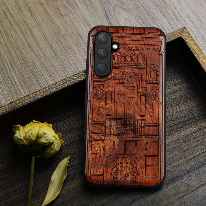 A Three-Storey House Portrait, Classic Engraved Wood & TPU Case - Artisanal Cover for Samsung Galaxy