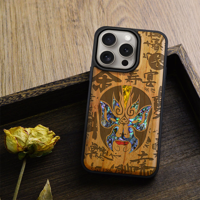 The Chinese Opera Mask, Hand-Inlaid Wood & Mother of Pearl Case - Artisanal Cover for Apple iPhone