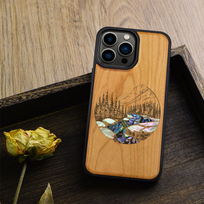 The Lake and Mountain Landscape, Hand-Inlaid Wood & Mother of Pearl Case - Artisanal Cover for Apple iPhone