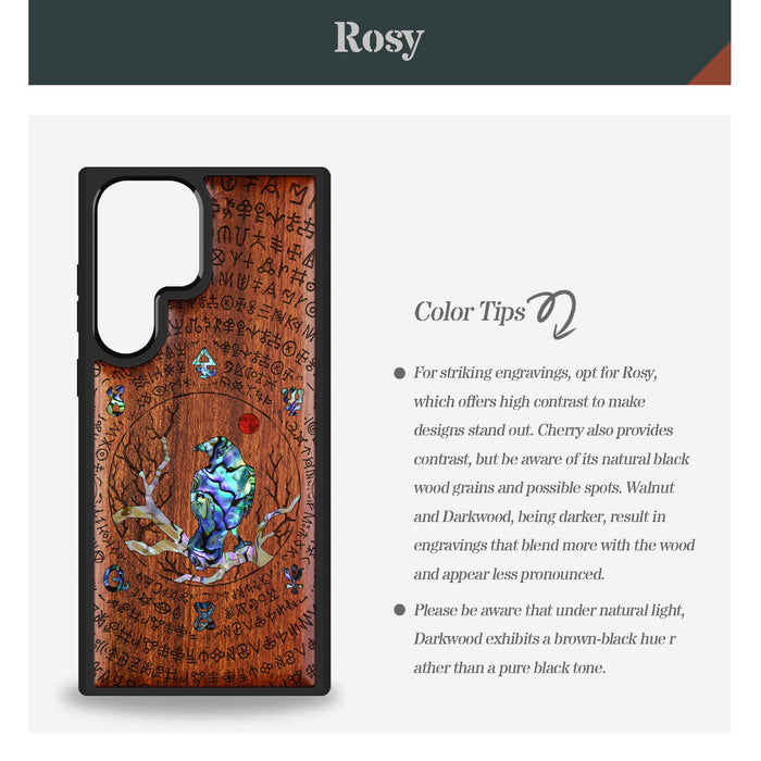 Whispers of the Enigma, Hand-Inlaid Wood & Mother of Pearl Case - Artisanal Cover for Samsung Galaxy