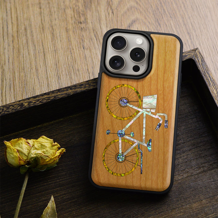 Classic Bicycle Silhouette, Hand-Inlaid Wood & Mother of Pearl Case - Artisanal Cover for Apple iPhone