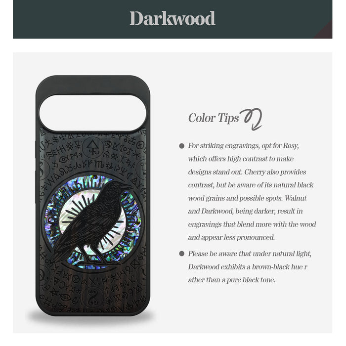 The Haloed Crow, Hand-Inlaid Wood & Mother of Pearl Case - Artisanal Cover for Google Pixel