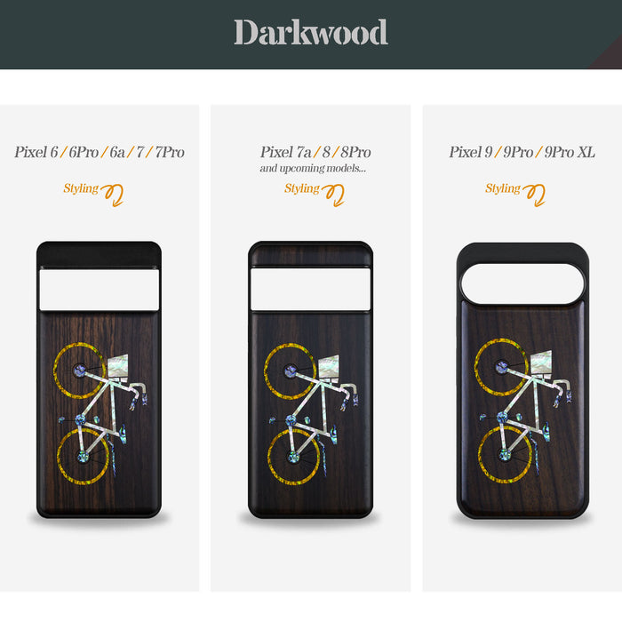 Classic Bicycle Silhouette, Hand-Inlaid Wood & Mother of Pearl Case - Artisanal Cover for Google Pixel