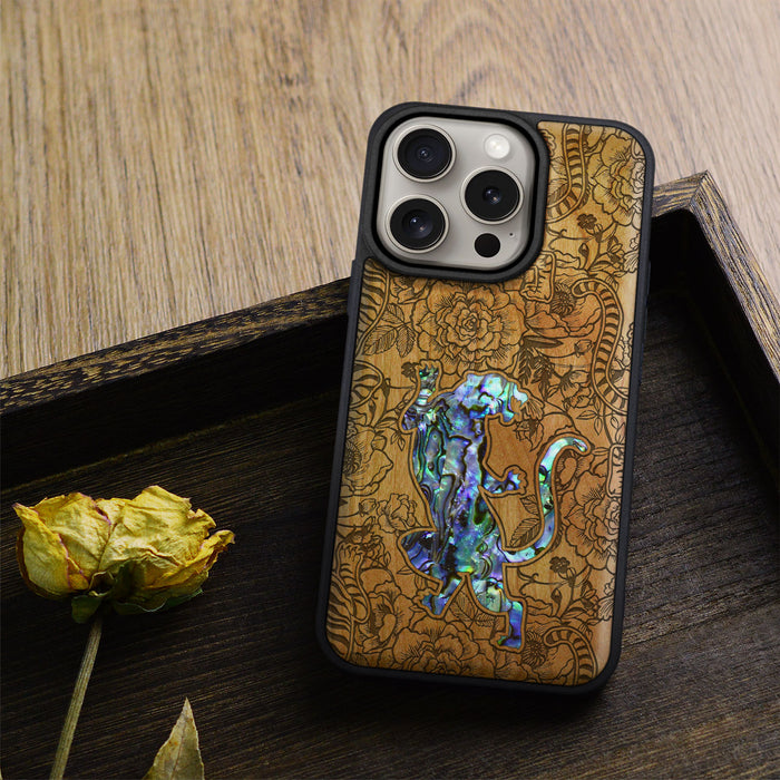 A Tiger Amidst Flowers, Hand-Inlaid Wood & Mother of Pearl Case - Artisanal Cover for Apple iPhone