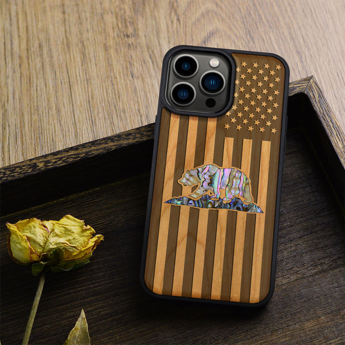 American Flag, Bear, Hand-Inlaid Wood & Mother of Pearl Case - Artisanal Cover for Apple iPhone