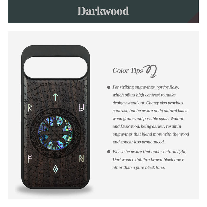 The Shield of Dragons and Awe, Hand-Inlaid Wood & Mother of Pearl Case - Artisanal Cover for Google Pixel