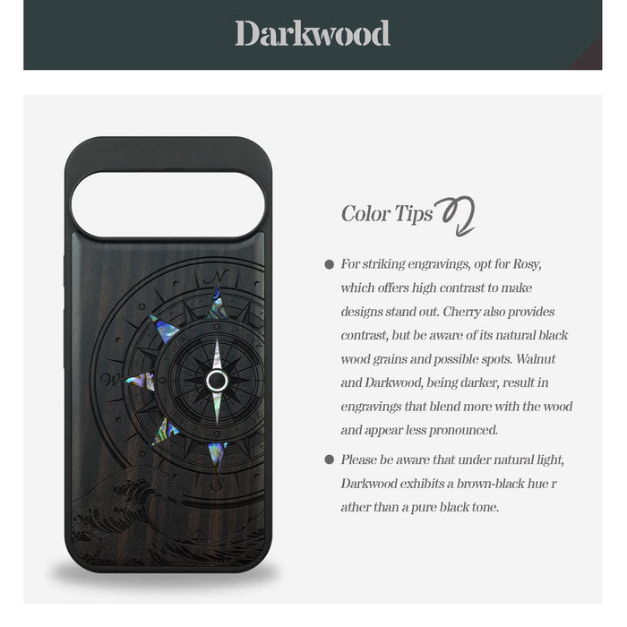 The Compass and the Wave, Hand-Inlaid Wood & Mother of Pearl Case - Artisanal Cover for Google Pixel