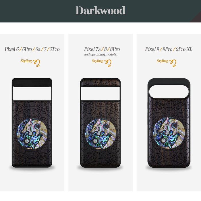 Yin-Yang Wolves Amidst Paisley, Hand-Inlaid Wood & Mother of Pearl Case - Artisanal Cover for Google Pixel