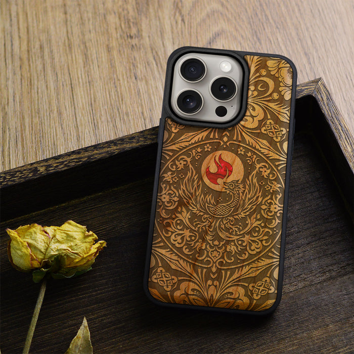 Phoenix in Symmetry, Hand-Inlaid Wood & Mother of Pearl Case - Artisanal Cover for Apple iPhone