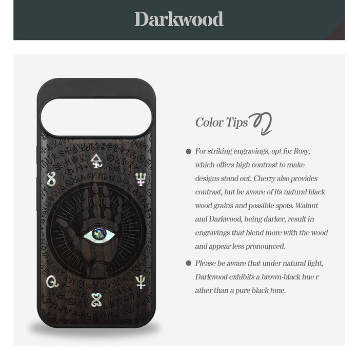 The Enigmatic Eye, Hand-Inlaid Wood & Mother of Pearl Case - Artisanal Cover for Google Pixel