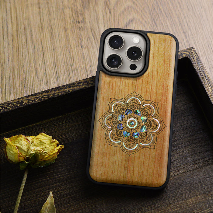 Mystic Floral Harmony, Hand-Inlaid Wood & Mother of Pearl Case - Artisanal Cover for Apple iPhone