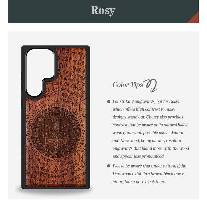 Mjölnir and the Runes, Classic Engraved Wood & TPU Case - Artisanal Cover for Samsung Galaxy