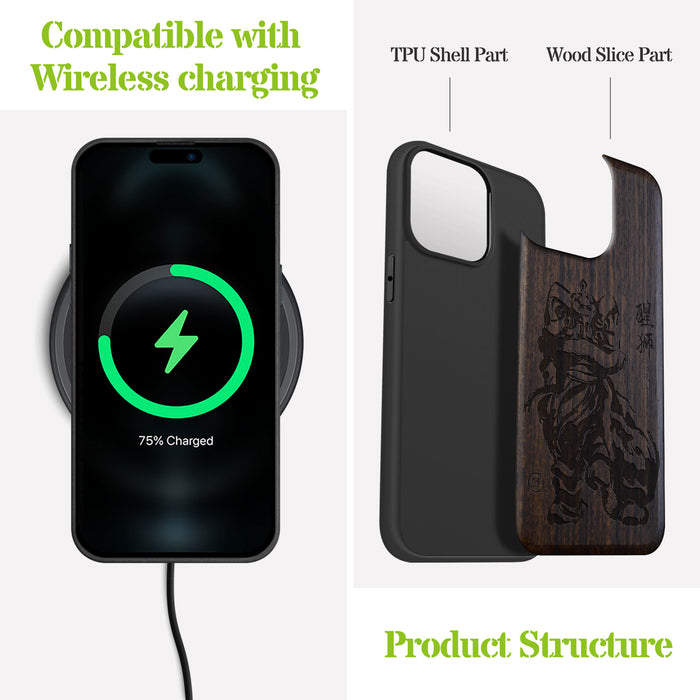 Lunar Lion, Classic Engraved Wood & TPU Case - Artisanal Cover for Apple iPhone